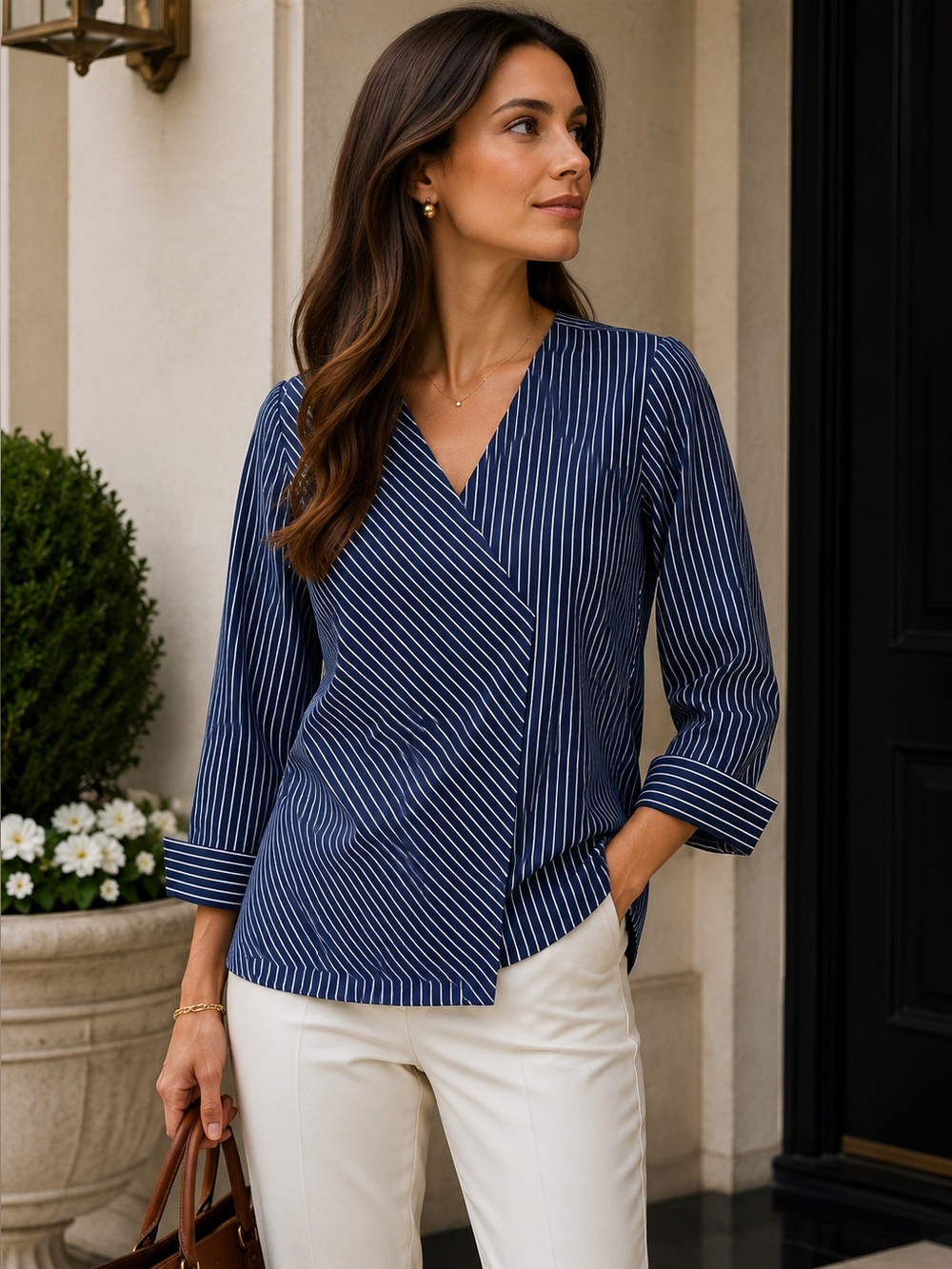 ANN MASHBURN Shirt M Navy Blue White Striped Cotton Wrap Blouse Old Money
